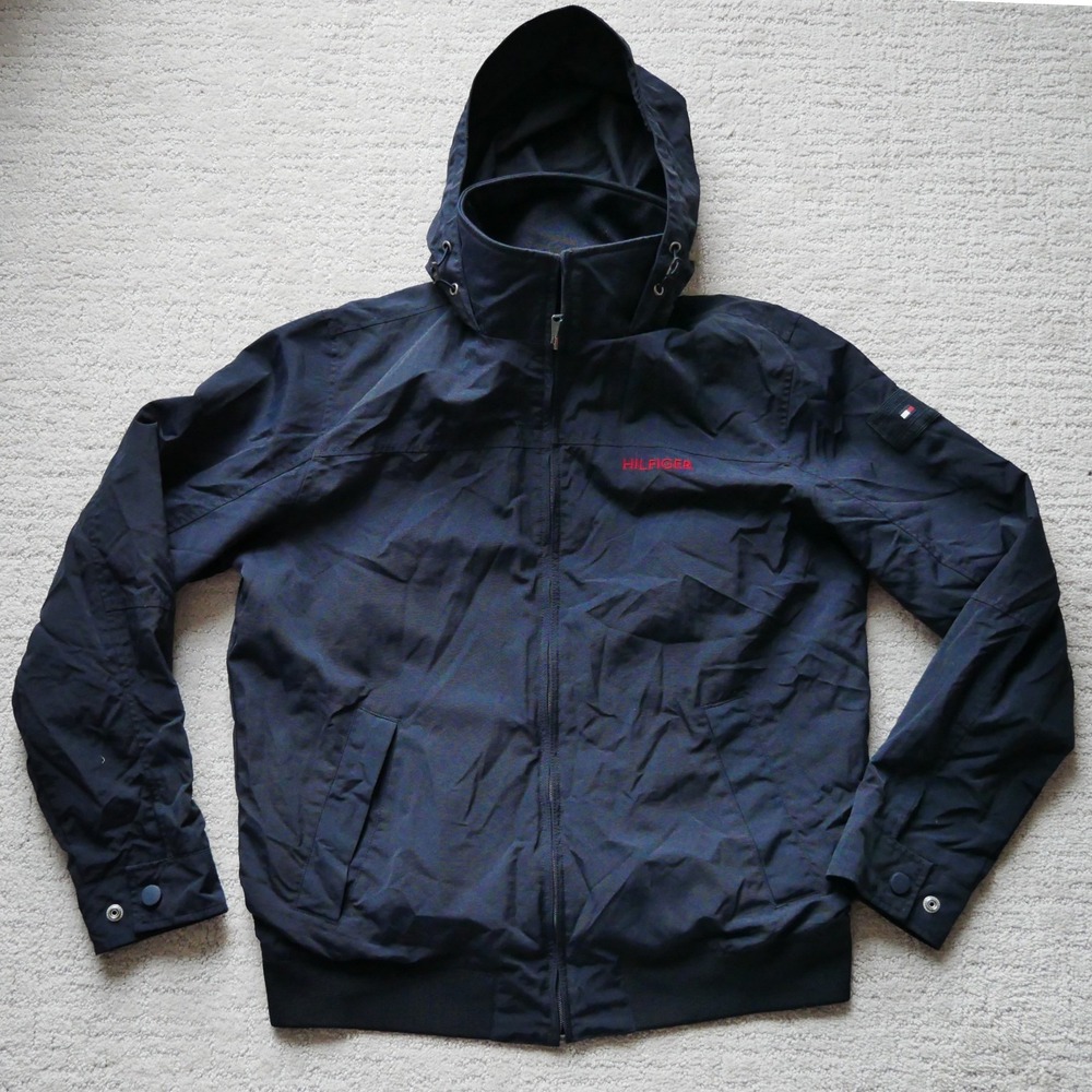 Tommy Hilfiger Mens Hooded Windbreaker Jacket Navy Blue Full Zip Size M